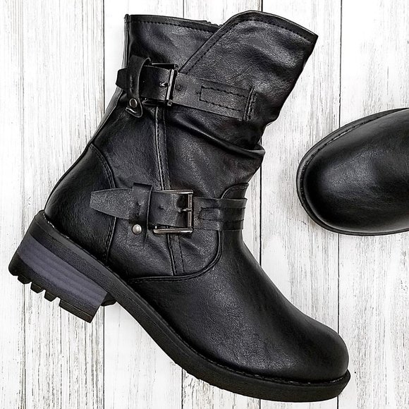 Shoes - New Black Mid-Calf Biker Short Boots Bootes